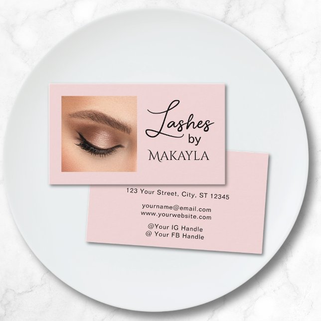 Tarjeta De Visita Blush Pink Black Script Photo Lashes (Subido por el creador)