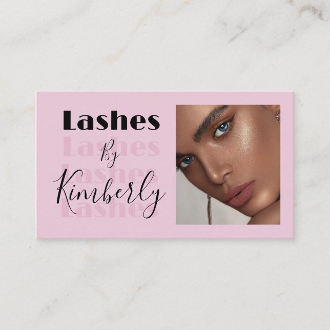 Tarjeta De Visita Blush Pink Black Script Photo Lashes Business Card (Anverso)