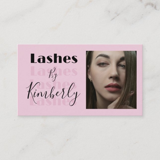 Tarjeta De Visita Blush Pink Black Script Photo Lashes Business Card (Anverso)