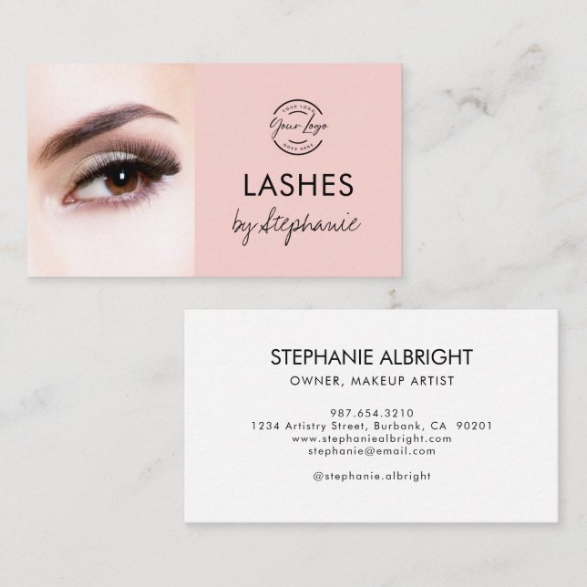 Tarjeta De Visita Blush Pink Black Script Photo Lashes Studio (Anverso / Reverso)