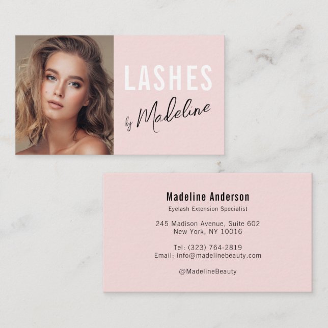 Tarjeta De Visita Blush Pink Black Script Photo Lashes Studio (Anverso / Reverso)