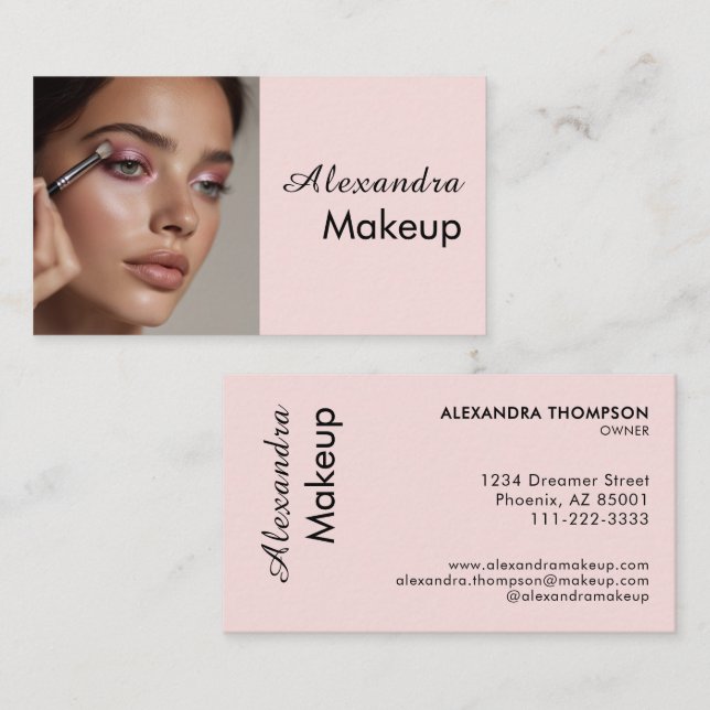 Tarjeta De Visita Blush Pink Black Script Photo Makeup  (Anverso / Reverso)