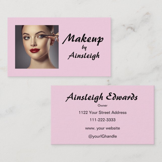 Tarjeta De Visita Blush Pink Black Script Photo Makeup (Anverso / Reverso)