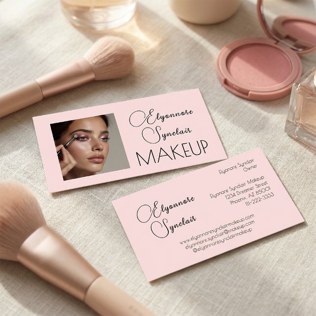Tarjeta De Visita Blush Pink Black Script Photo Makeup  (Subido por el creador)
