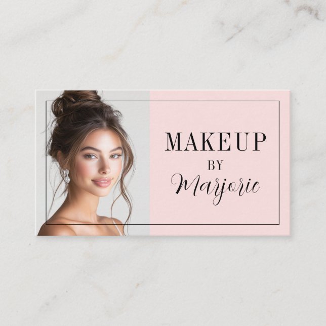 Tarjeta De Visita Blush Pink Black Script Photo Makeup (Anverso)