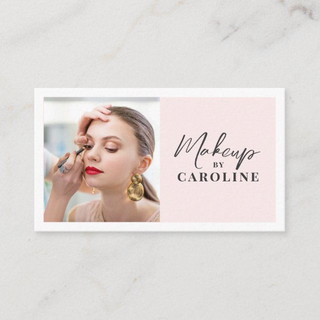 Tarjeta De Visita Blush Pink Black Script Photo Makeup  (Anverso)