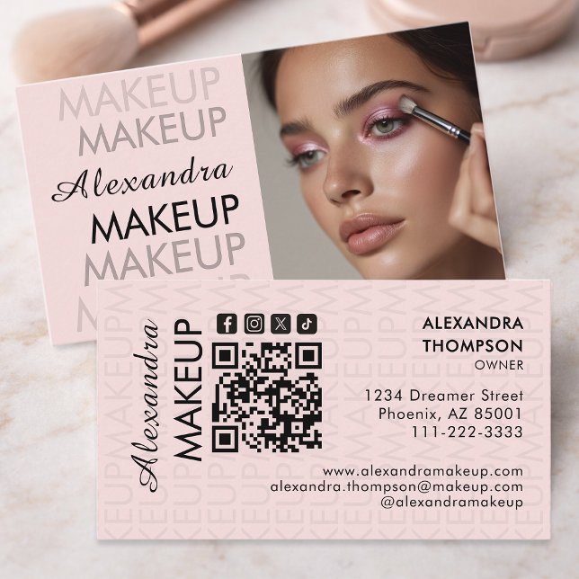 Tarjeta De Visita Blush Pink Black Script Photo Makeup  Business (Subido por el creador)