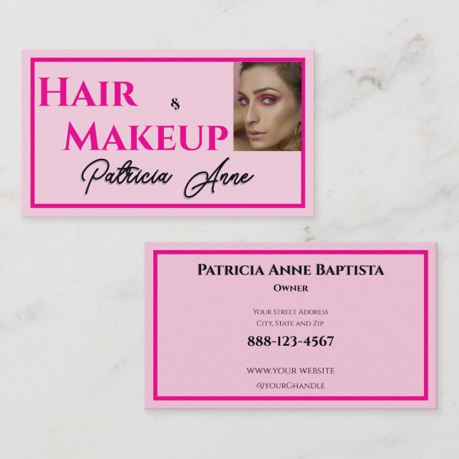 Tarjeta De Visita Blush Pink Black Script Photo Makeup Business Card (Anverso / Reverso)