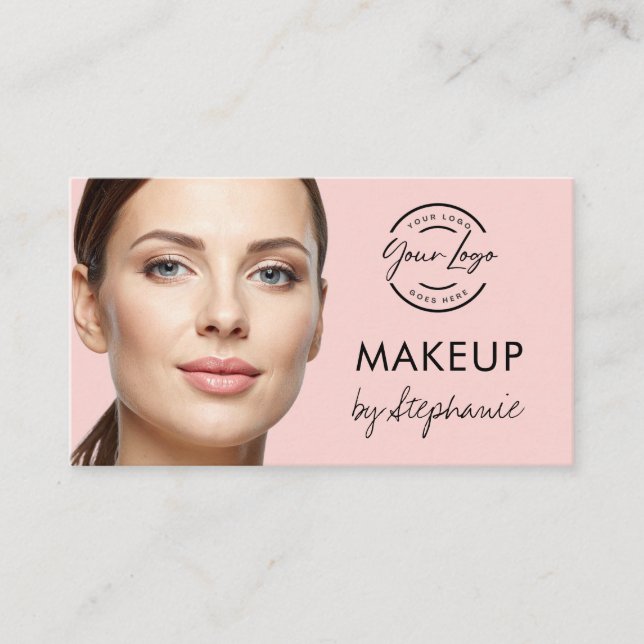 Tarjeta De Visita Blush Pink Black Script Photo Makeup Business Card (Anverso)