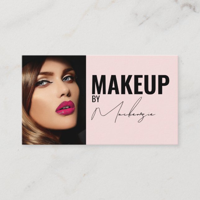 Tarjeta De Visita Blush Pink Black Script Photo Makeup Business Card (Anverso)