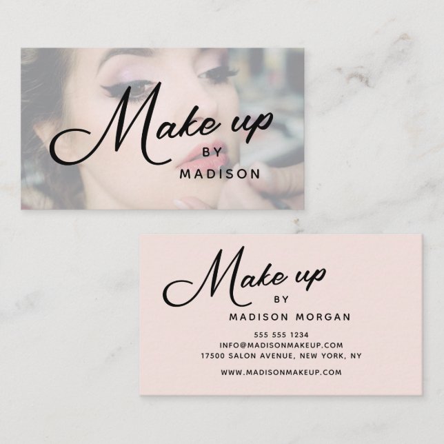 Tarjeta De Visita Blush Pink Black Script Photo Makeup Business Card (Anverso / Reverso)