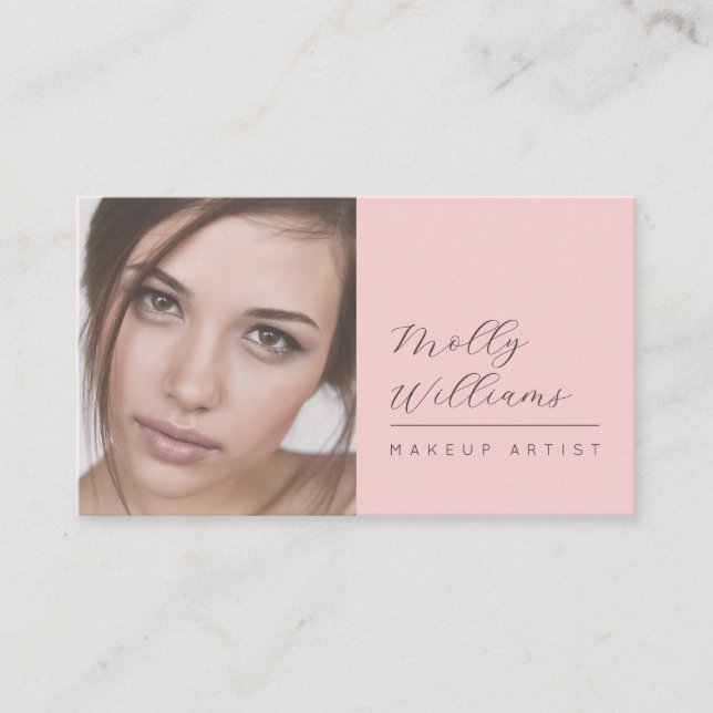 Tarjeta De Visita Blush Pink Black Script Photo Makeup Business Card (Anverso)