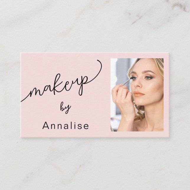 Tarjeta De Visita Blush Pink Black Script Photo Makeup Business Card (Anverso)