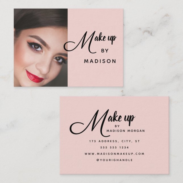 Tarjeta De Visita Blush Pink Black Script Photo Makeup Business Card (Anverso / Reverso)