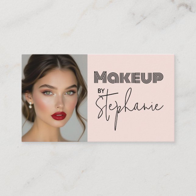 Tarjeta De Visita Blush Pink Black Script Photo Makeup Business Card (Anverso)