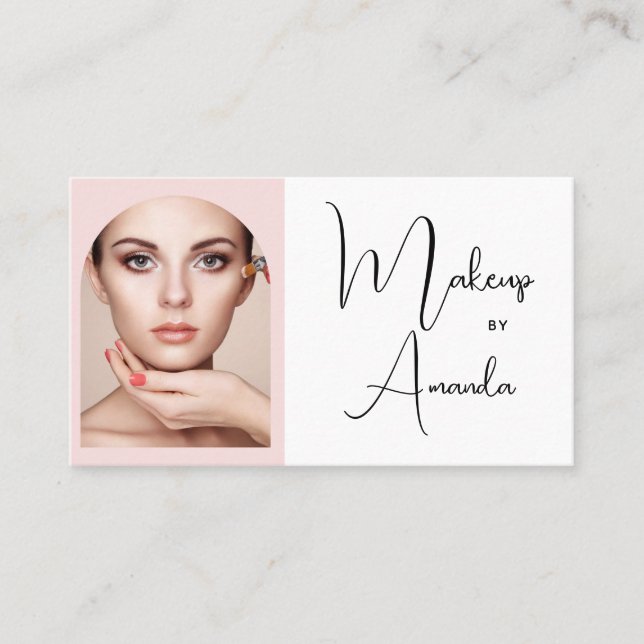 Tarjeta De Visita Blush Pink Black Script Photo Makeup Business Card (Anverso)