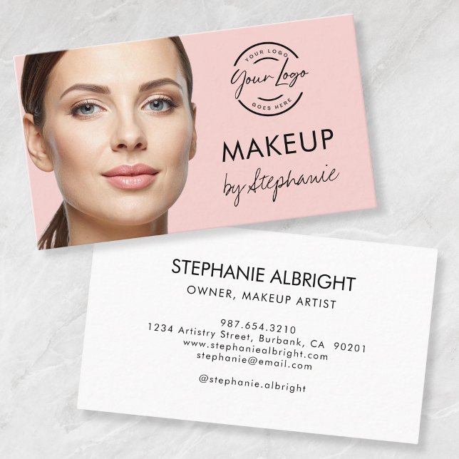 Tarjeta De Visita Blush Pink Black Script Photo Makeup Business Card (Subido por el creador)