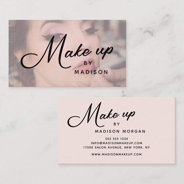 Tarjeta De Visita Blush Pink Black Script Photo Makeup Business Card (Subido por el creador)