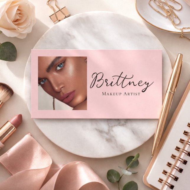 Tarjeta De Visita Blush Pink Black Script Photo Makeup Business Card (Subido por el creador)