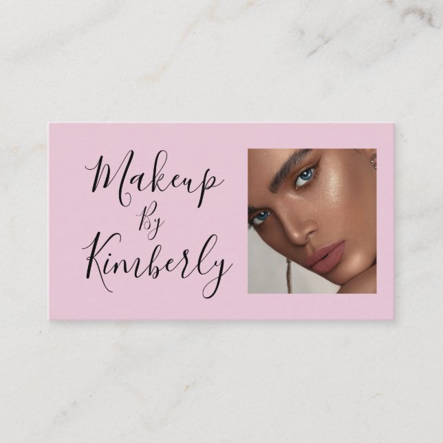 Tarjeta De Visita Blush Pink Black Script Photo Makeup Business Card (Anverso)
