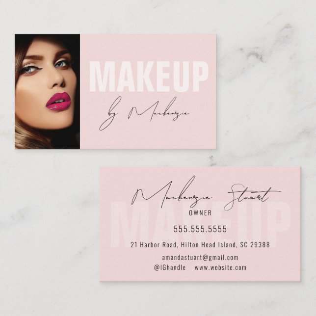 Tarjeta De Visita Blush Pink Black Script Photo Makeup Business Card (Anverso / Reverso)