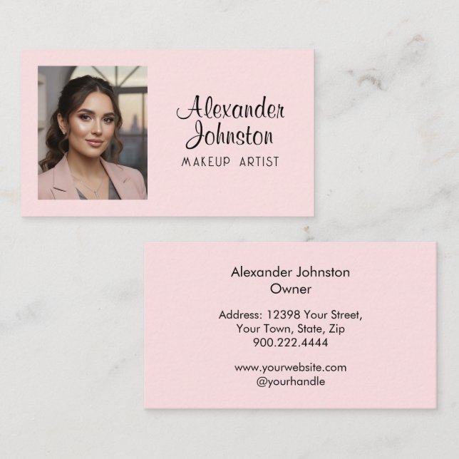 Tarjeta De Visita Blush Pink Black Script Photo Makeup Business Card (Anverso / Reverso)