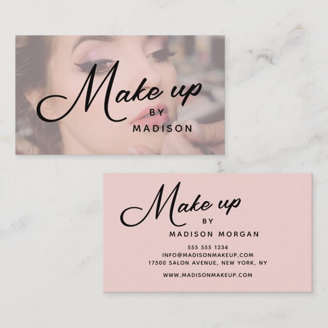 Tarjeta De Visita Blush Pink Black Script Photo Makeup Business Card (Anverso / Reverso)
