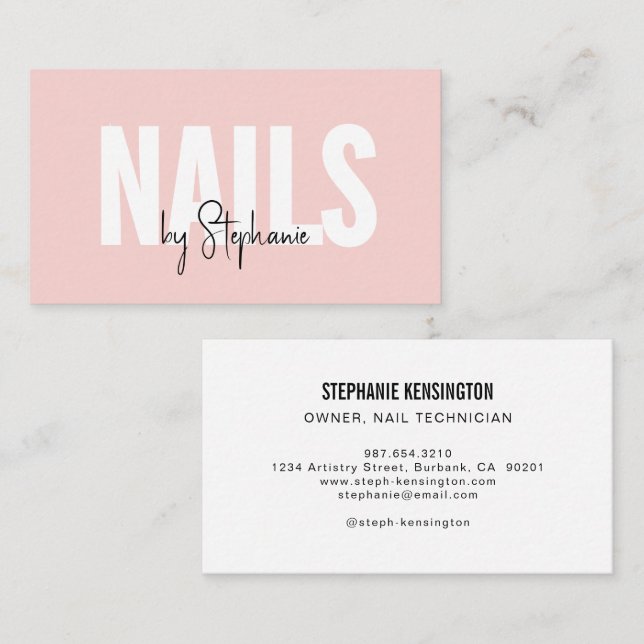 Tarjeta De Visita Blush Pink Black Script Photo Nail Artist (Anverso / Reverso)