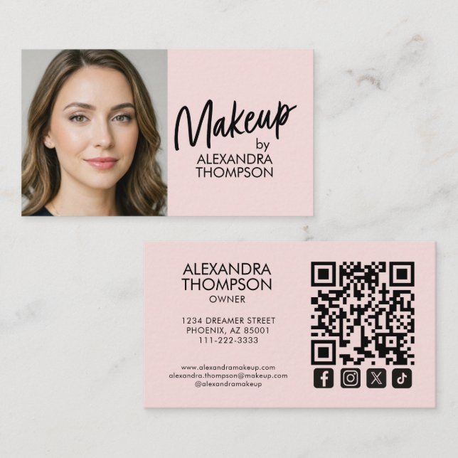 Tarjeta De Visita Blush Pink Black Script Qr Code Social Icon Makeup (Anverso / Reverso)
