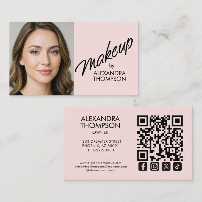 Tarjeta De Visita Blush Pink Black Script Qr Code Social Icon Makeup (Anverso / Reverso)