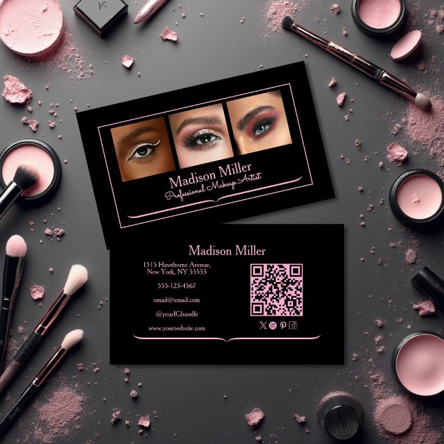 Tarjeta De Visita Blush Pink Black Social Icon QR Code Photo Makeup (Subido por el creador)