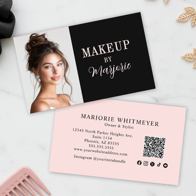 Tarjeta De Visita Blush Pink Black Social Icon QR Code Photo Makeup (modern black blush pink script photo makeup business card with modern typography qr code and social )