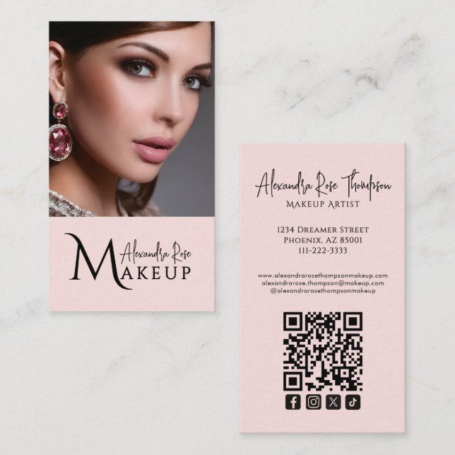 Tarjeta De Visita Blush Pink Makeup Artist Qr Code Social Icon (Anverso / Reverso)