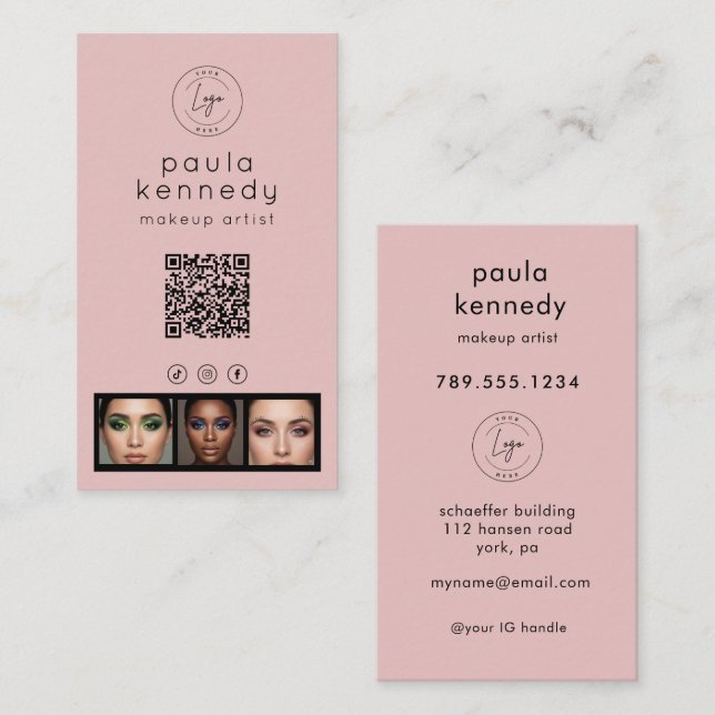 Tarjeta De Visita Blush Pink Modern Photo Logo QR Code (Anverso / Reverso)