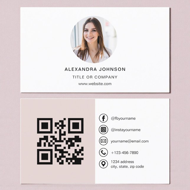 Tarjeta De Visita Blush Pink Modern Photo with QR Code Social Media (Subido por el creador)