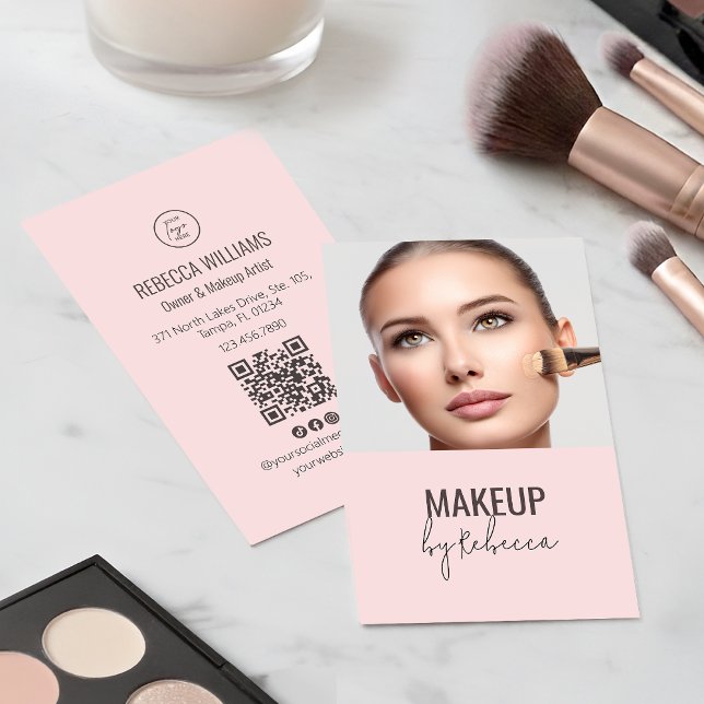 Tarjeta De Visita Blush Pink Modern Script Font QR Code Photo Makeup (Modern blush pink photo business card with QR code for makeup and beauty professionals)