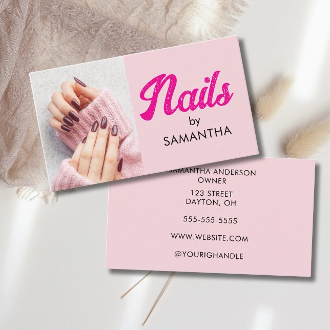 Tarjeta De Visita Blush Pink Modern Script Photo Nails (Subido por el creador)