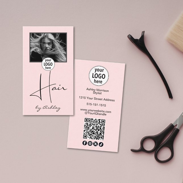 Tarjeta De Visita Blush Pink Photo Script Hair Logo QR Code Social  (Subido por el creador)