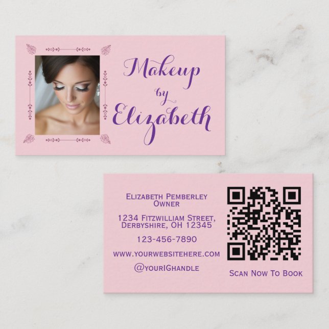 Tarjeta De Visita Blush Pink Purple Script Photo Makeup (Anverso / Reverso)