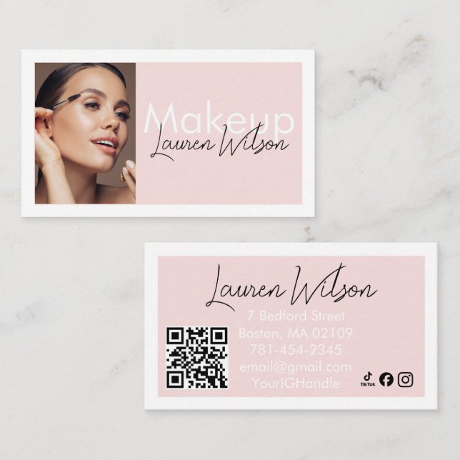 Tarjeta De Visita  Blush Pink QR Code Beauty Photo Business Card (Anverso / Reverso)