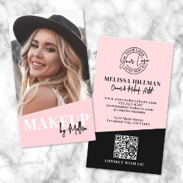 Tarjeta De Visita Blush Pink QR Code Photo Logo Makeup Vertical