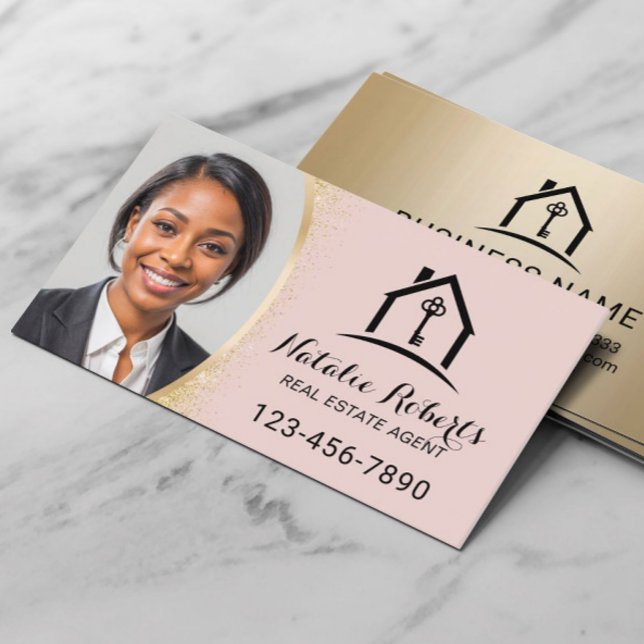 Tarjeta De Visita Blush Pink Real Estate Agent Modern Gold Photo (Subido por el creador)