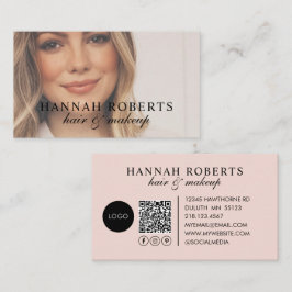 Tarjeta De Visita Blush Pink Script Logo QR Code Photo Business Card