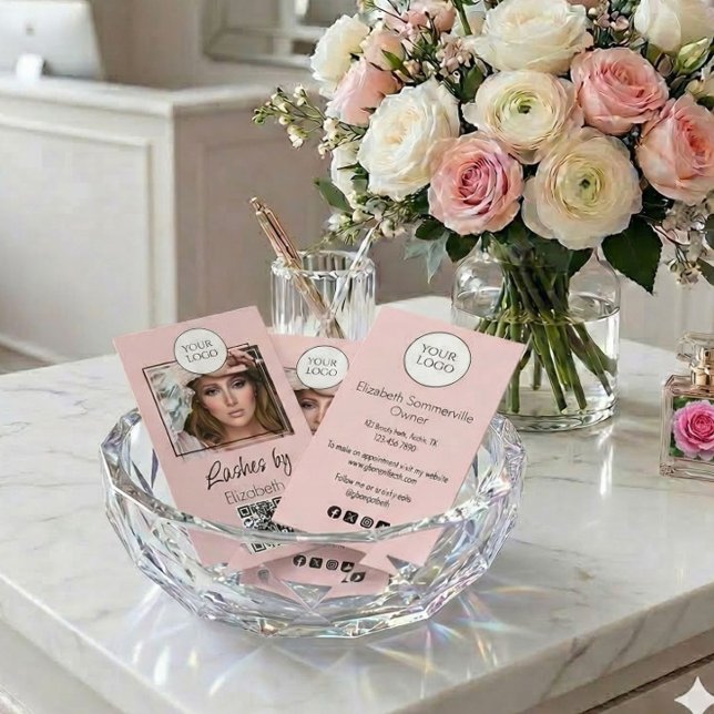 Tarjeta De Visita Blush Pink Script Logo QR Code Photo Lashes (Subido por el creador)