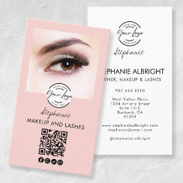 Tarjeta De Visita Blush Pink Script Logo QR Code Photo Lashes Studio