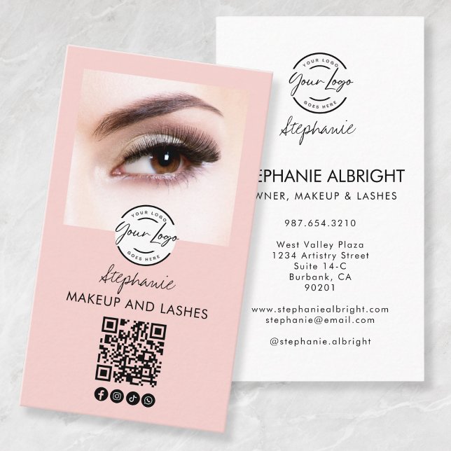 Tarjeta De Visita Blush Pink Script Logo QR Code Photo Lashes Studio (Subido por el creador)