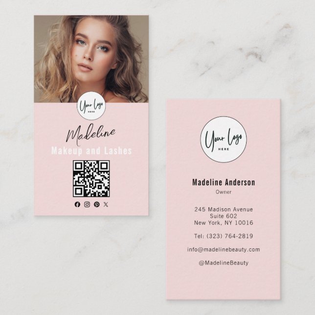 Tarjeta De Visita Blush Pink Script Logo QR Code Photo Lashes Studio (Anverso / Reverso)