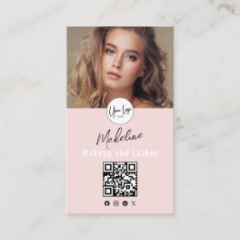 Tarjeta De Visita Blush Pink Script Logo QR Code Photo Lashes Studio
