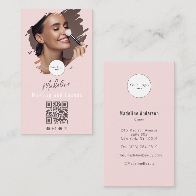 Tarjeta De Visita Blush Pink Script Logo QR Code Photo Makeup (Anverso / Reverso)