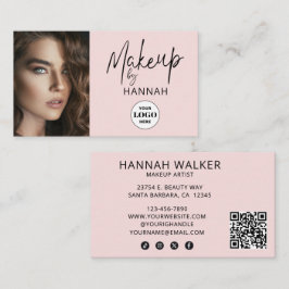 Tarjeta De Visita Blush Pink Script Logo QR Code Photo Makeup